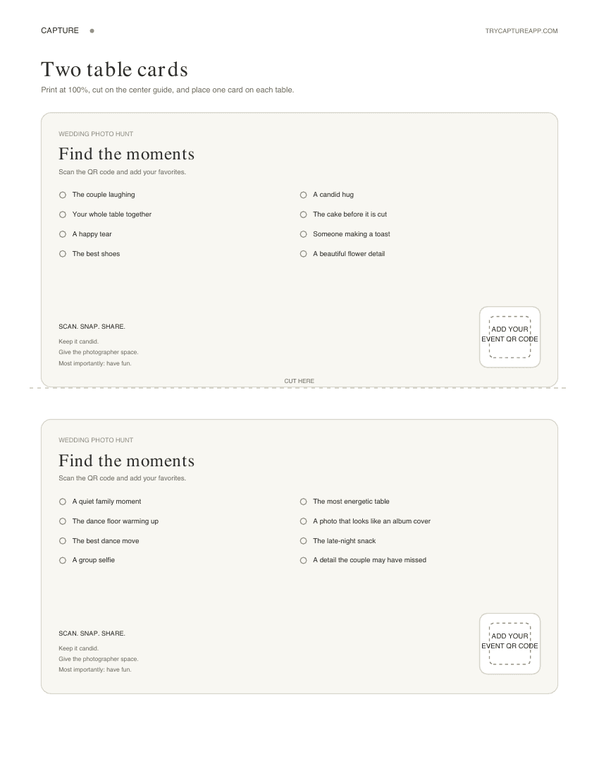 Two wedding photo scavenger hunt table cards on one printable sheet