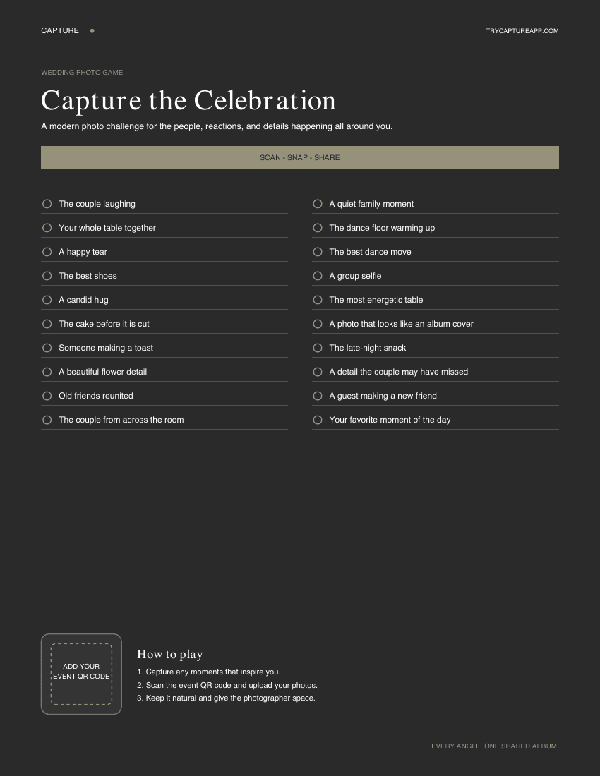 Dark wedding photo scavenger hunt sign with prompts and a space for the event QR code