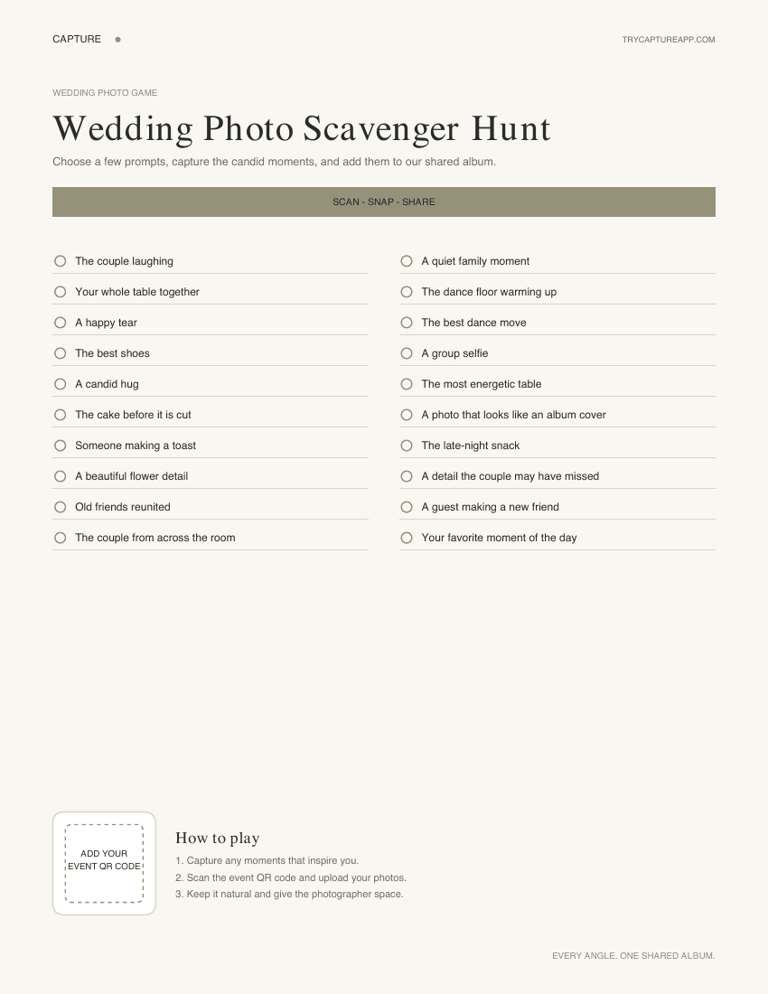 Light wedding photo scavenger hunt sign with prompts and a space for the event QR code