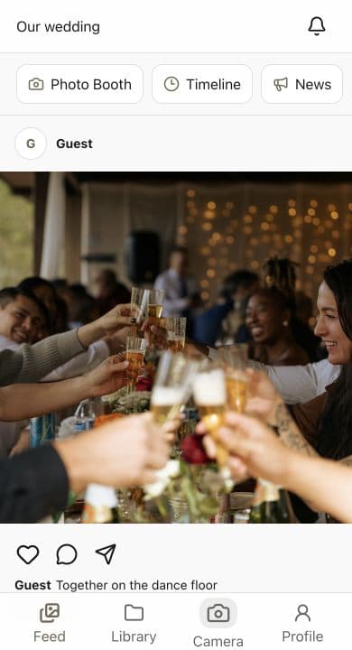 Capture browser feed showing a sample wedding photo, reactions, and comments