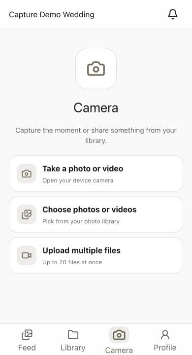 Capture’s Camera tab with buttons for choosing a photo or video and uploading multiple files