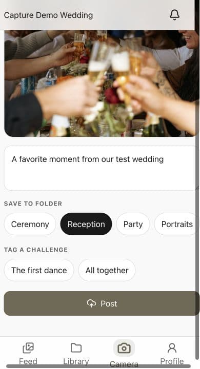 A sample wedding photo in Capture’s preview with a caption, Reception folder selection, and Post button